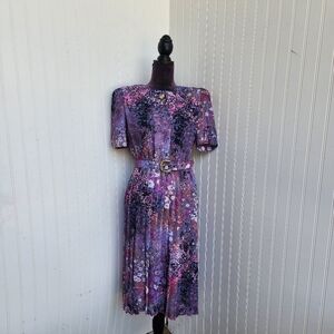 VTG 80s LADY CAROL Purple Pink Floral STRiPE ACCORDiAN PLEAT MiDi DRESS Sz 6